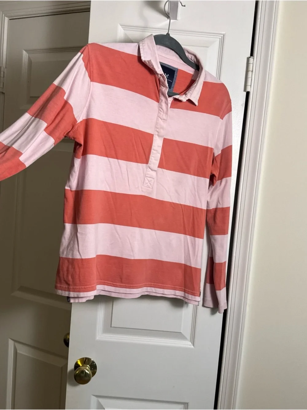 Crew Clothing Company Pink Orange Striped Rugby Shirt Preppy Coastal Top Size 12 - Picture 9 of 10